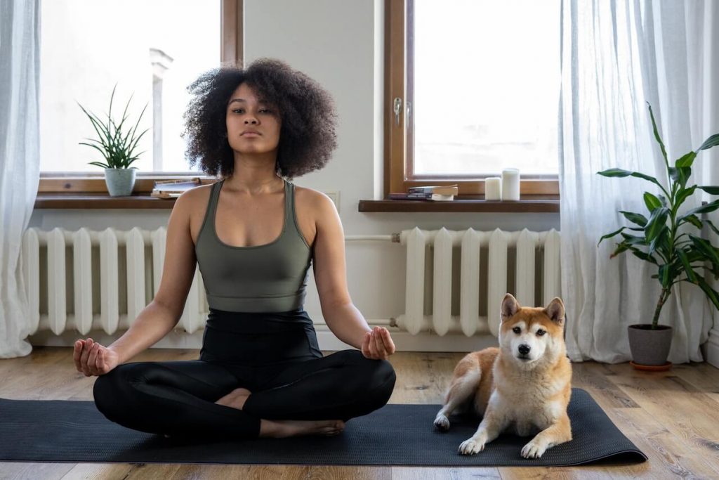 Una mujer haciendo yoga junto a su perro, demostrando el vínculo entre humano y mascota.